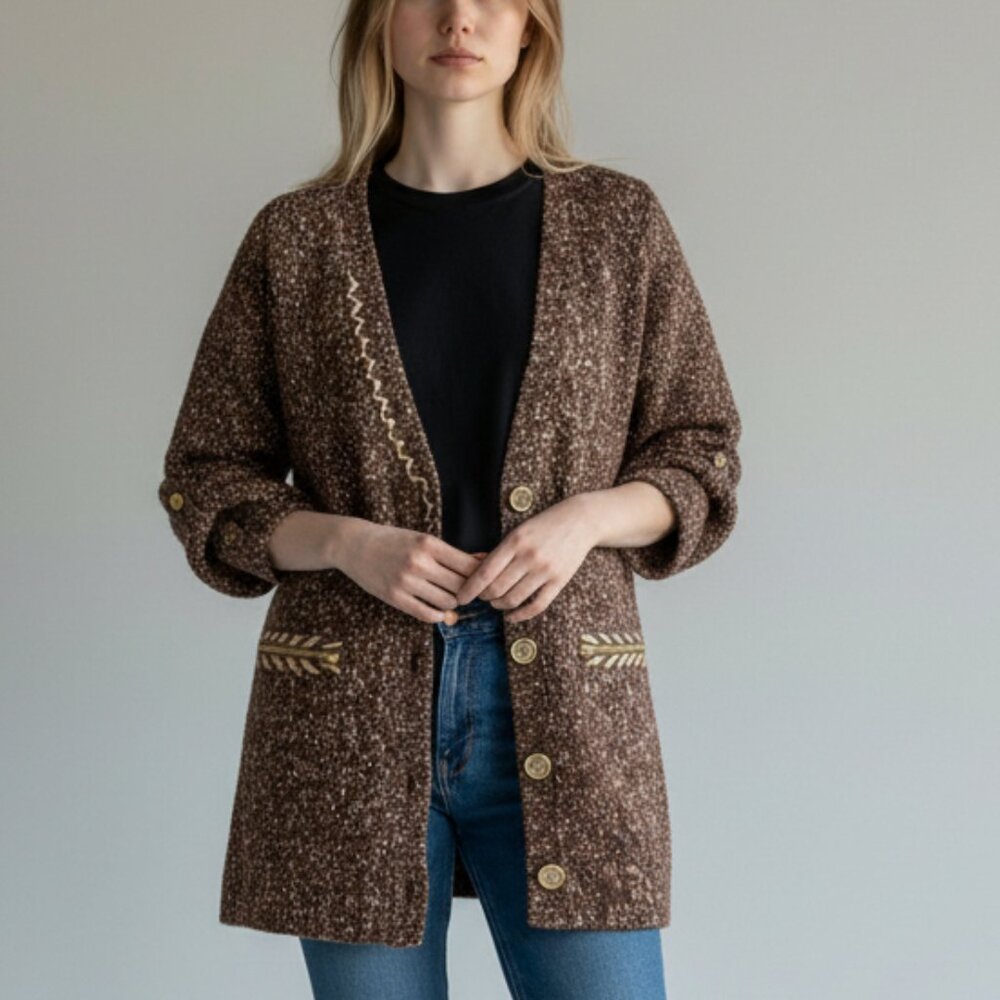 BKE Vintage 3/4 Sleeve Brown Western Cardigan Knit Salt Pepper Sweater Women's L